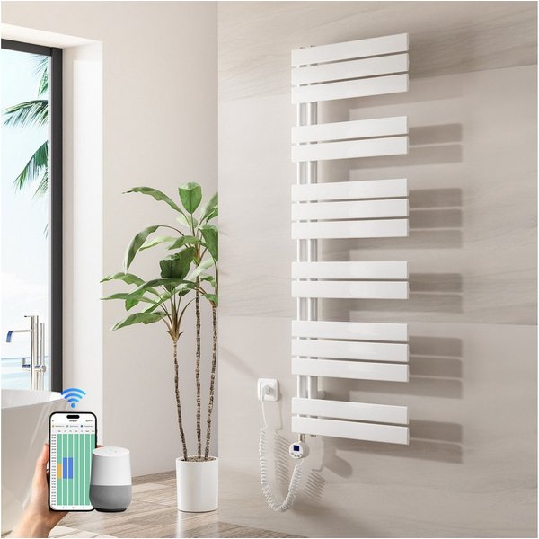 Heilmetz Elektrischer Badheizkörper 138,5 x 40 cm, 600W, mit WLAN Heizstab, Asymmetrisch Design, Weiß Handtuchwärmer mit Smart App/Sprachsteuerung