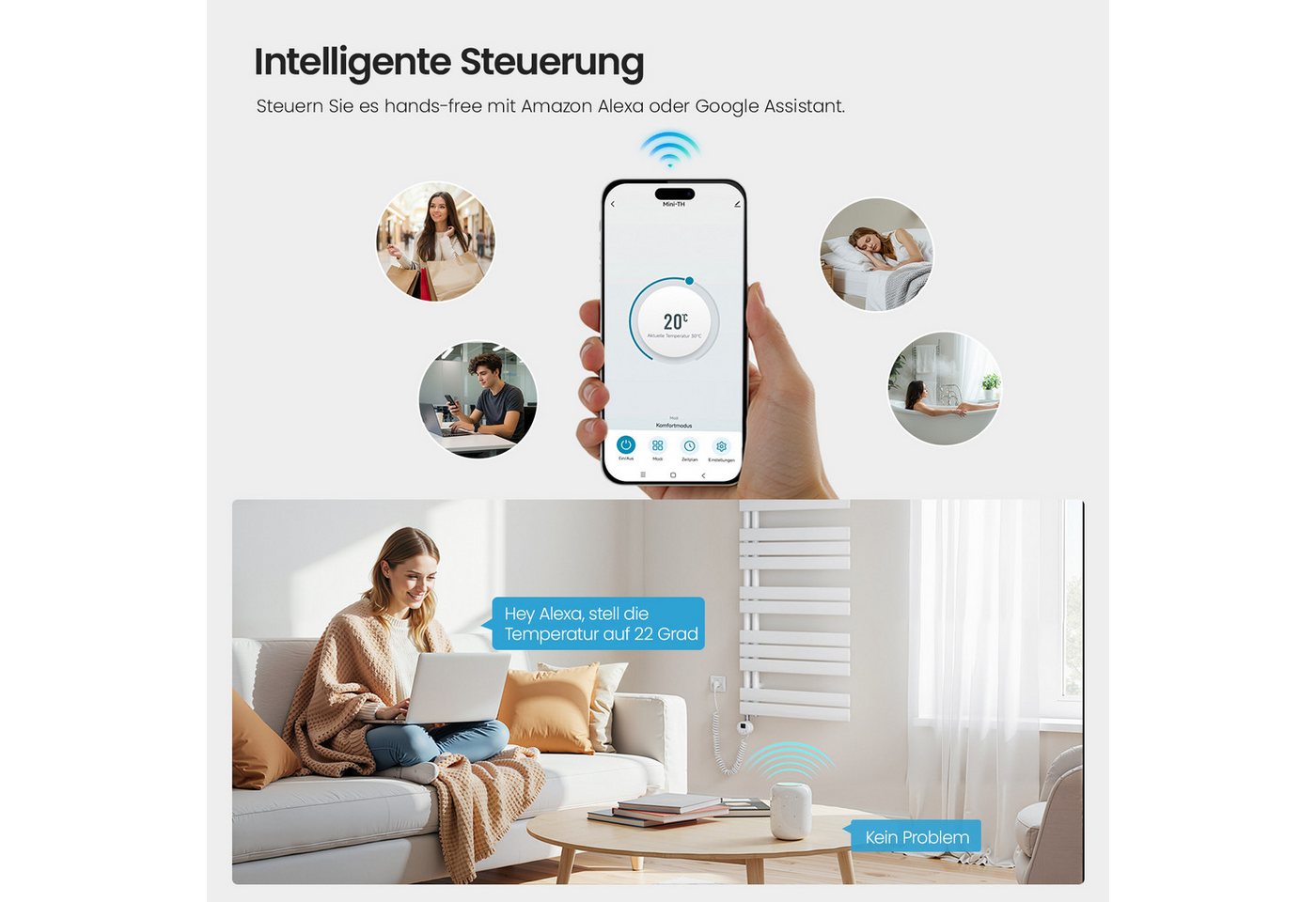 Heilmetz Elektrischer Badheizkörper 89,9 x 40 cm, 400W, mit WLAN Heizstab, Asymmetrisch Design, Weiß Handtuchwärmer mit Smart App/Sprachsteuerung – Bild 3 von 5