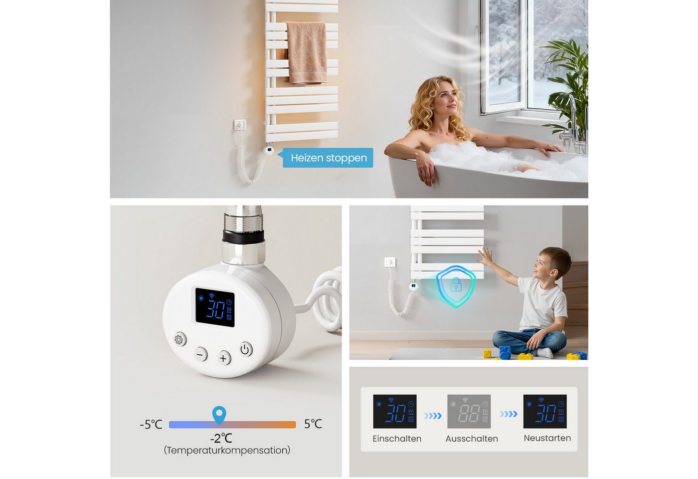 Heilmetz Elektrischer Badheizkörper 89,9 x 40 cm, 400W, mit WLAN Heizstab, Asymmetrisch Design, Weiß Handtuchwärmer mit Smart App/Sprachsteuerung – Bild 5 von 5