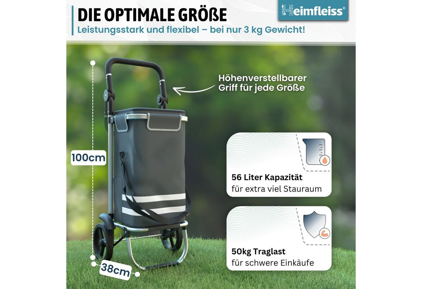 Heimfleiss® Einkaufstrolley Einkaufswagen klappbar Hackenporsche Kühlfach, 56 l, wasserdichte Tasche nur 2,5 kg – Bild 3 von 5