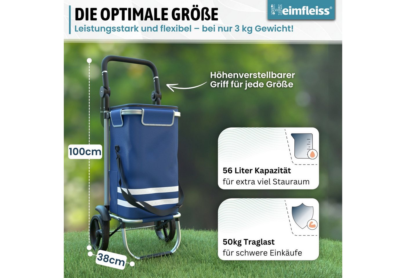 Heimfleiss® Einkaufstrolley Einkaufswagen klappbar Hackenporsche Kühlfach, 56 l, wasserdichte Tasche nur 2,5 kg – Bild 3 von 5