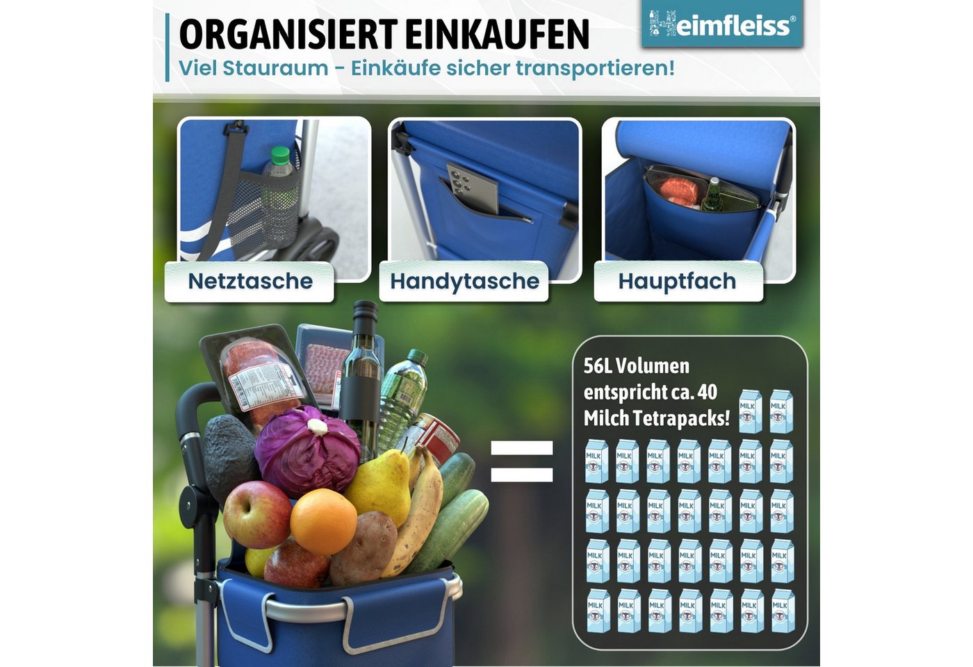 Heimfleiss® Einkaufstrolley Einkaufswagen klappbar Hackenporsche Kühlfach, 56 l, wasserdichte Tasche nur 2,5 kg – Bild 5 von 5