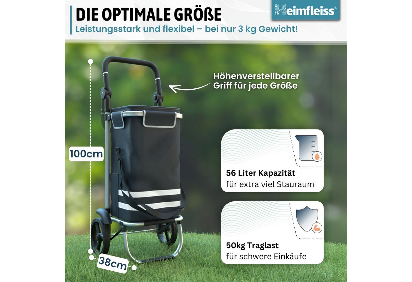 Heimfleiss® Einkaufstrolley Einkaufswagen klappbar Hackenporsche Kühlfach, 56 l, wasserdichte Tasche nur 2,5 kg – Bild 2 von 5