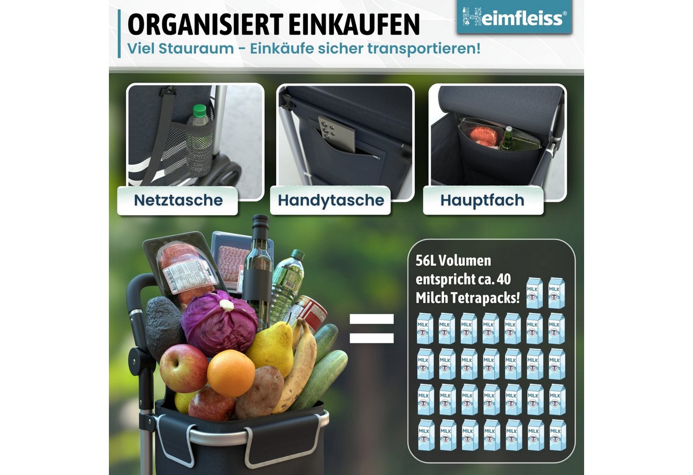 Heimfleiss® Einkaufstrolley Einkaufswagen klappbar Hackenporsche Kühlfach, 56 l, wasserdichte Tasche nur 2,5 kg – Bild 4 von 5
