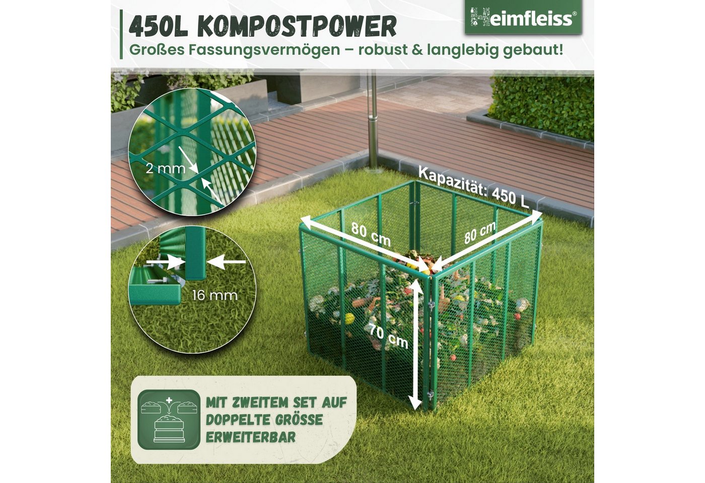 Heimfleiss® Komposter Metall verzinkt Garten Stecksystem, BxTxH: 80x80x70 cm, 450 l, 450 L 80x80x70 cm – Bild 3 von 5