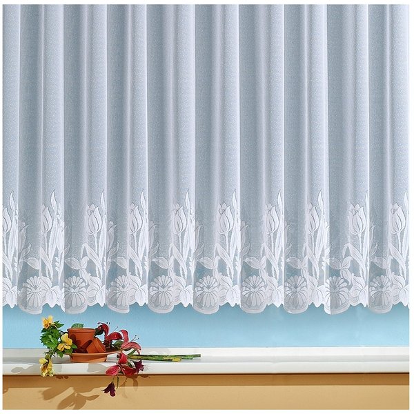 heimtexland Gardine Store Vorhang weiß durchscheinend Blumen Bordüre (1 St), Kräuselband, halbtransparent, Jacquard, handgebogter Borte I Scheibengardine I Kurz