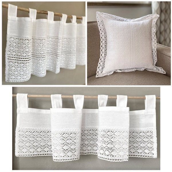 heimtexland Scheibengardine Deko Set Häkelspitze Gardine Kissen Tischdecke (1 St), Schlaufen, blickdicht, Boho Scheibengardine Makramee Spitze Häkel Bistrogardi