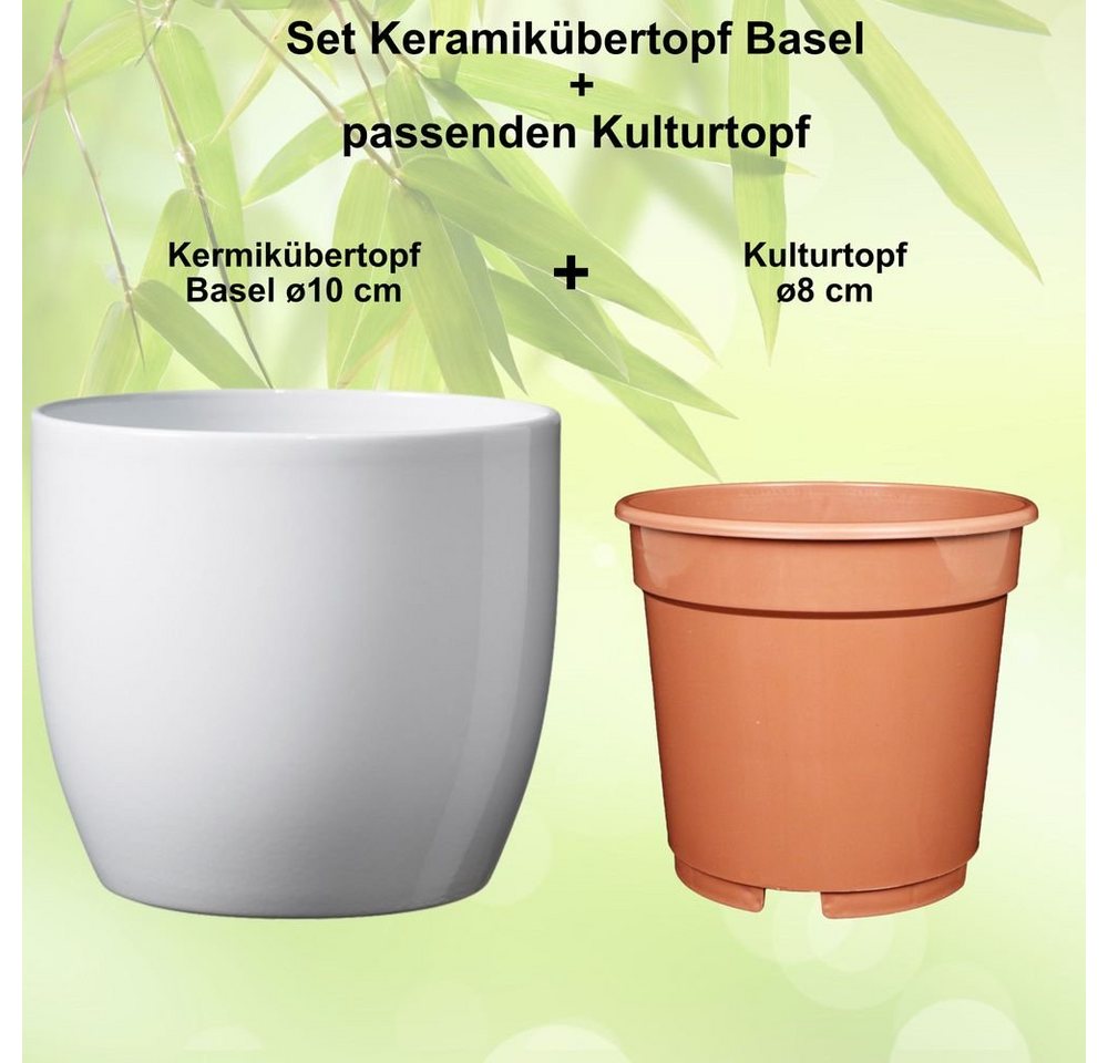 Heimwerkercenter Übertopf Set - Keramikübertopf Basel ø10 cm, weiss glänzend + Kulturtopf ø8 – Bild 2 von 5