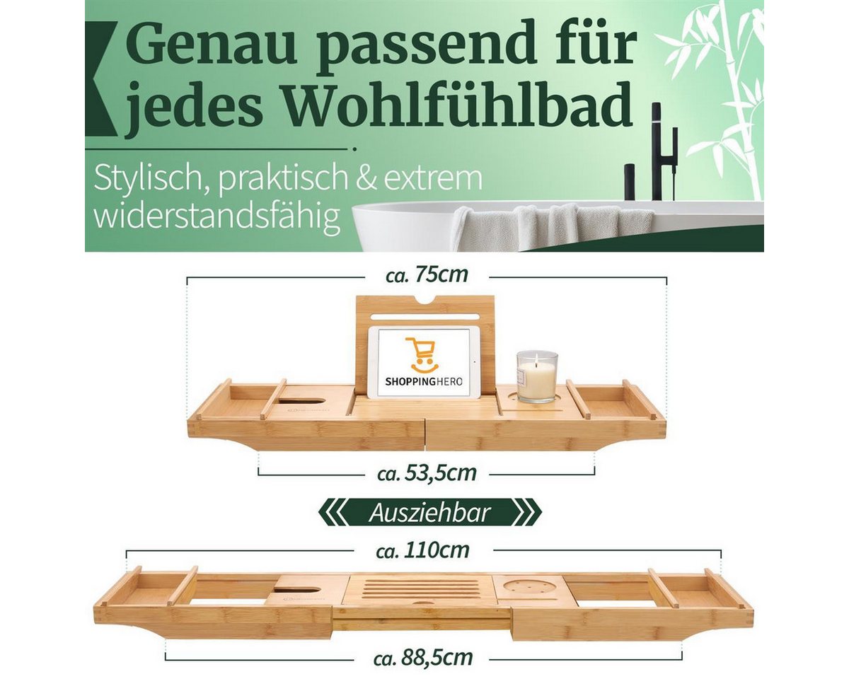 HEIMWERT Badewannenablage Badewannentablett Frühstückstablett mit Beinen, Ablage Badewanne - Extragroß mit ausklappbarem Ständer – Bild 2 von 5
