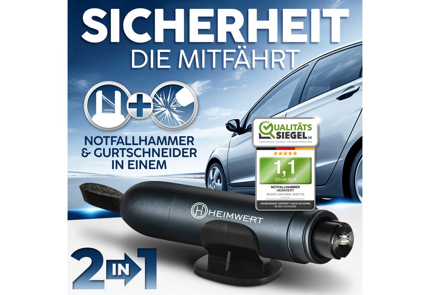HEIMWERT Hammer Gurtschneider Notfallhammer, mit Testglas zum Üben - Zerstört Verbund Sicherheitsglas neuer Autos – Bild 3 von 5
