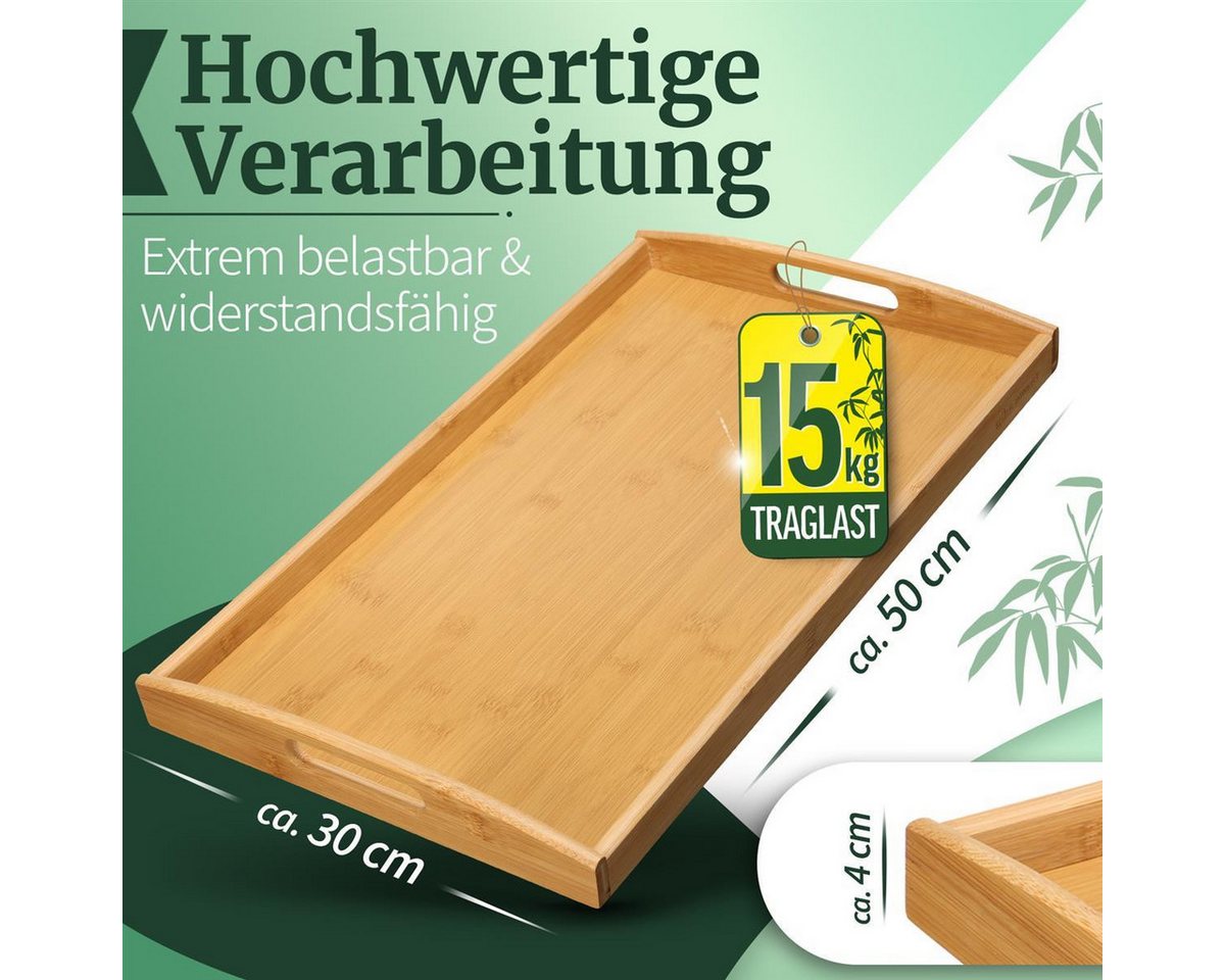 HEIMWERT Tablett Tablett Serviertablett Bambustablett, Bambus, besonders stabiles und leichtes Holztablett mit Griff – Bild 2 von 5