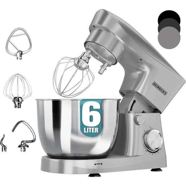 Heinrich´s Küchenmaschine, 1500 W, 6 l Schüssel, 1500W, 6L Edelstahl, 10 Geschwindigkeiten