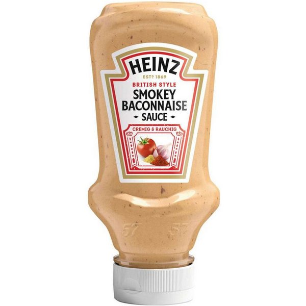 Heinz Saucen, Heinz Bacon Burger Sauce cremige Textur Kopfsteherflasche 220ml