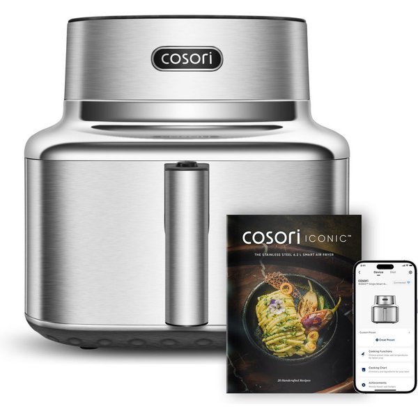 Cosori Heißluftfritteuse COSORI ICONIC Single Heißluftfritteuse CAF-SE601S-CEU, 6,2 L, Edelstahl, PFAS-freier Garraum, Touch-Panel, 1725 W