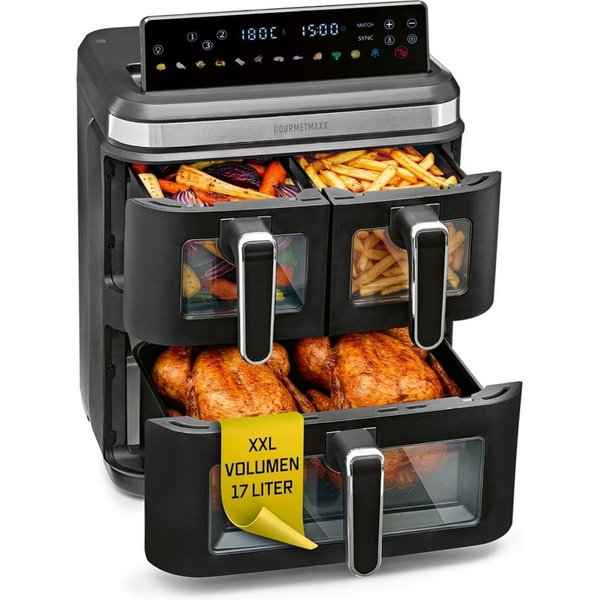 GOURMETmaxx Heißluftfritteuse GOURMETmaxx Heißluft-Fritteuse 3000W schwarz/ Edelstahl 17l 3 Frittierkammern mit Sichtfenster, 3000 W, Heissluftfritteuse LED-Kla