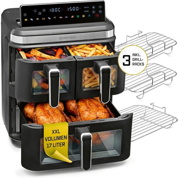 GOURMETmaxx Heißluftfritteuse GOURMETmaxx Heißluft-Fritteuse 3000W schwarz/ Edelst. 17l 3 Kammern inkl. Grillrost & Sichtfenst, 3000 W, Heissluftfritteuse XXL, 