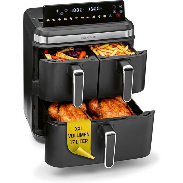 GOURMETmaxx Heißluftfritteuse GOURMETmaxx Heißluft-Fritteuse 3000W LB8 schwarz/Edelstahl 17l 3 Frittierkammern, 3000 W, Heissluftfritteuse mit LED-Klapp-Touchdi