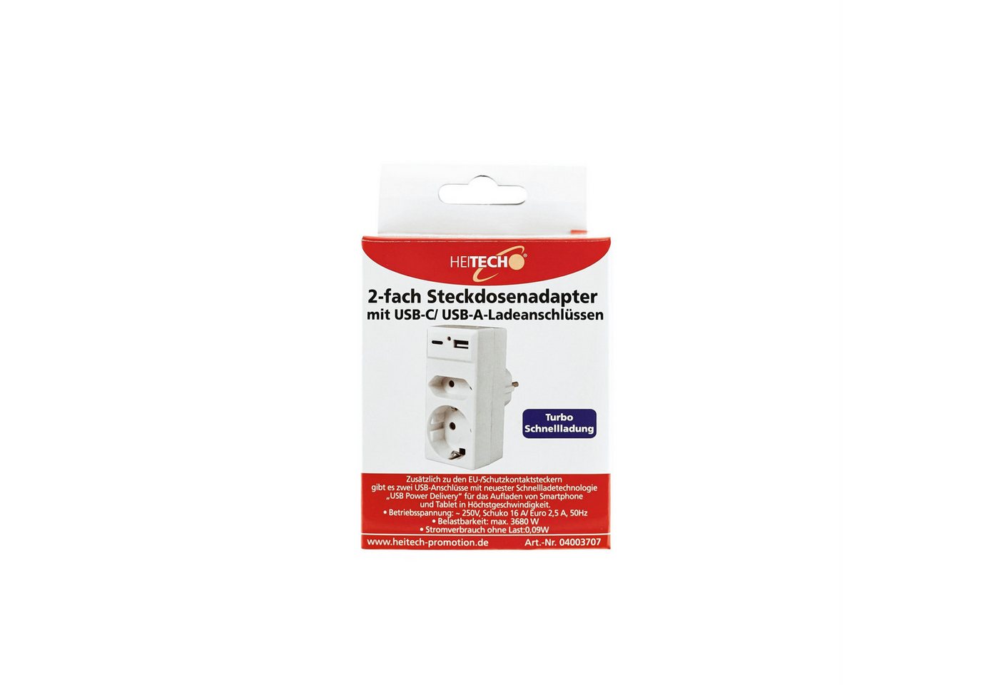 HEITECH 2-fach Steckdosenadapter mit 1 USB und 1 USB Type-C Ladeanschlüssen Mehrfachsteckdose – Bild 5 von 5