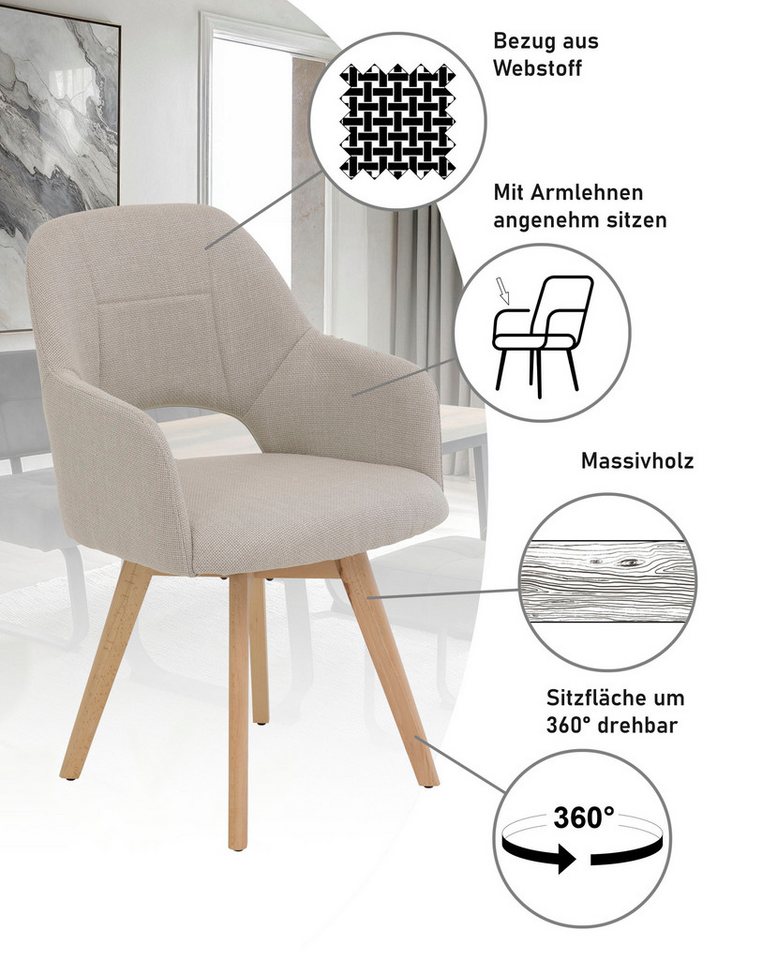 HELA 4-Fußstuhl STADE (Set, 2 St), 360° drehbar,Massivholz 4-Fuß,Armlehnen,Ausschnitt im Rücken – Bild 4 von 5