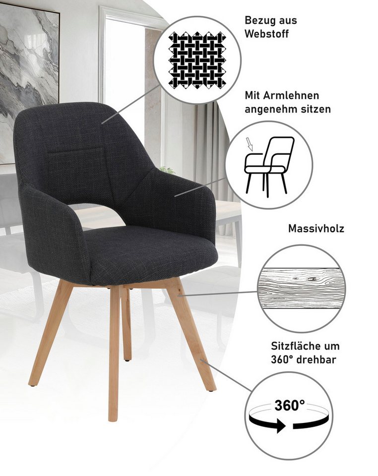 HELA 4-Fußstuhl STADE (Set, 2 St), 360° drehbar,Massivholz 4-Fuß,Armlehnen,Ausschnitt im Rücken – Bild 4 von 5
