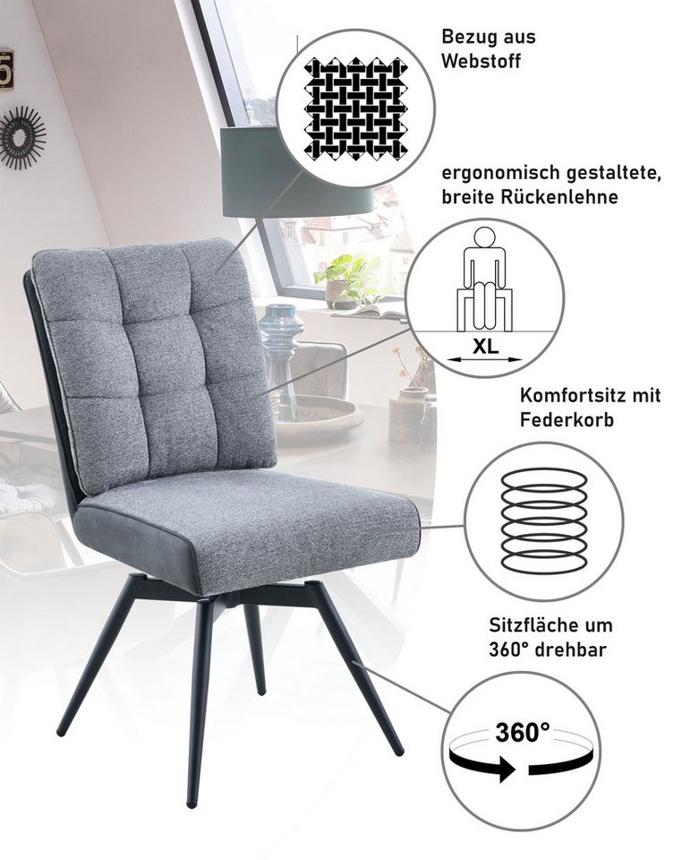 HELA 4-Fußstuhl TOMAR (2 St), XL Sitzbreite, 360° drehbar, mit Federkorb, Materialkombi – Bild 3 von 5