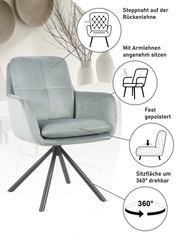 HELA Armlehnstuhl PARMA (Set, 2 St), 2er Pack, 360° drehbar, 4-Fuß, Kissenoptik, Samtvelour, Armlehnen – Bild 3 von 5