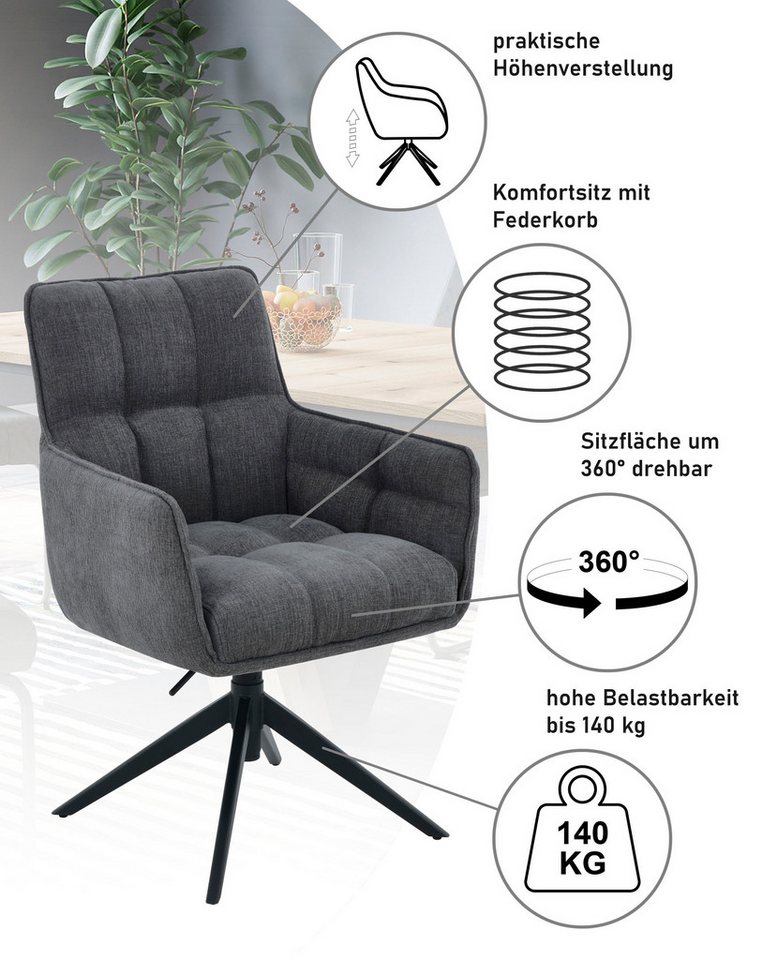 HELA Drehstuhl POMBA (Set, 2 St), 360° drehbar, höhenverstellbar, Federkorb, Armlehnen, 140kg belastbar – Bild 3 von 5