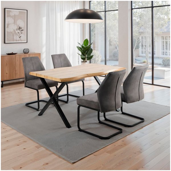 HELA Essgruppe ILLER Tisch 140x90 cm, (Set, 5-tlg), 5tlg., Baumkante 46mm, X-Gestell, Schwingstuhl, Federkorb