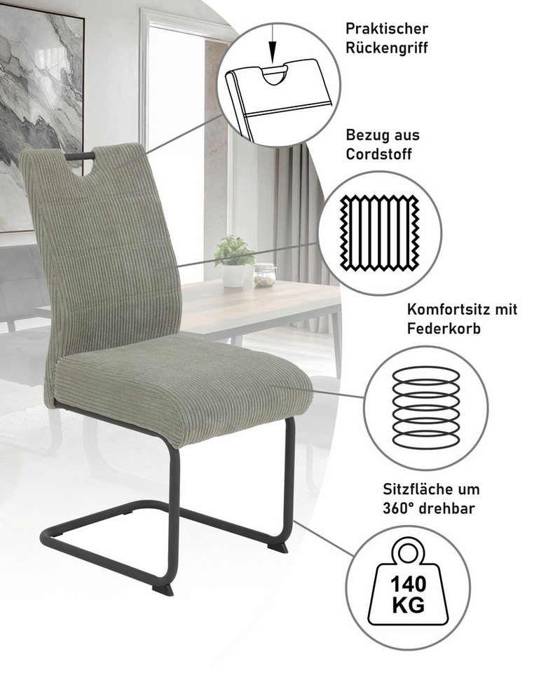 HELA Freischwinger MERKUR XL (Set, 4 St), Federkern, 140 Kg Belastbarkeit, Cord Bezug, 2er & 4er Set – Bild 4 von 5