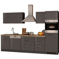 HELD Küchenzeile Mailand 220-390cm (inkl.E-Geräte/mit Kühlschrank, Hochglanz-grau/eiche sonoma, 300 cm)