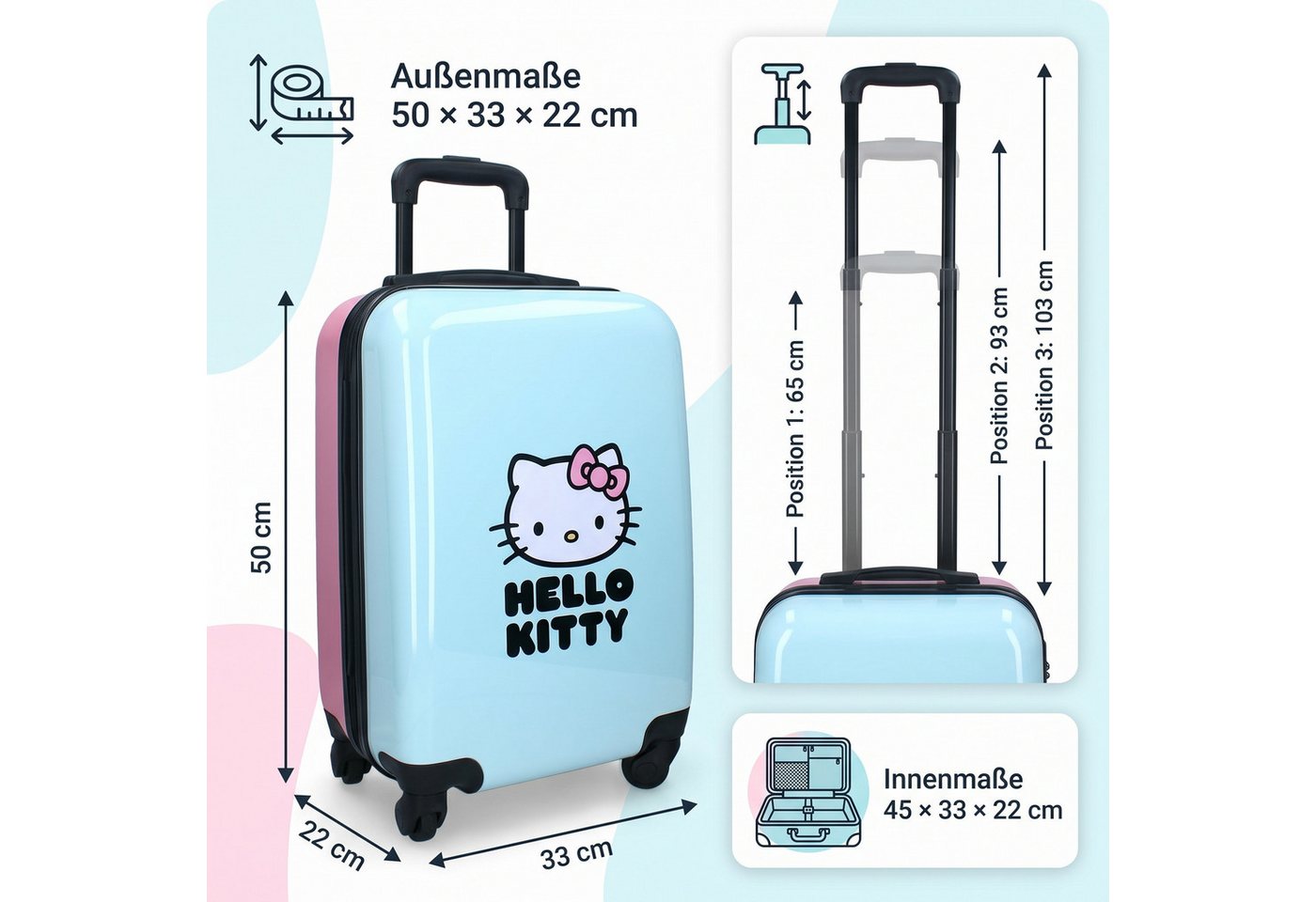 Hello Kitty Kinderkoffer Trolley Koffer 32 L Kindertrolley Trolly Kinder Handgepäck Mädchen, Qualitätsware, Leicht, ABS-Hartschale, 4 Rollen 360° – Bild 2 von 5