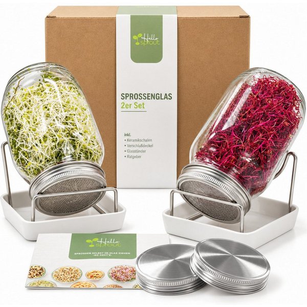 Hellosprout Anzuchttopf Sprossenglas, Keimglas Set, Sprossengläser 2 x 1000 ml (Sprossen Anzuchtset, Keimglas für Sprossen), Extragroße Öffnung und rostfreier E