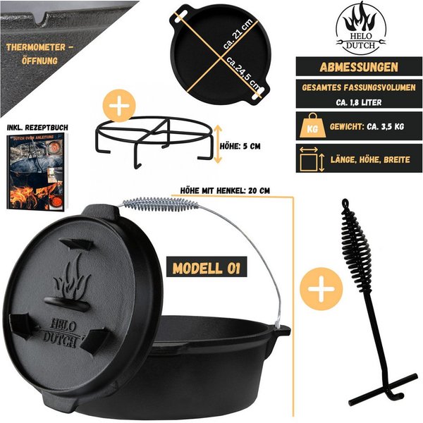 HELO24 Feuertopf Dutch Oven Set Gusseisen Deckelheber Schmortopf Kochbuch 1.8L - O1, Gusseisen