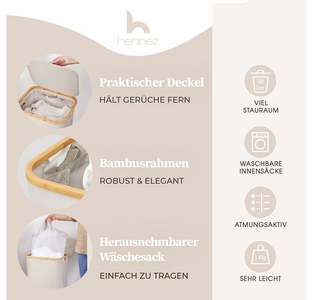 HENNEZ Wäschekorb mit Griff aus Bambus, 100 l – Wäschekorb mit Deckel, Dunkelgrau – Bild 2 von 5