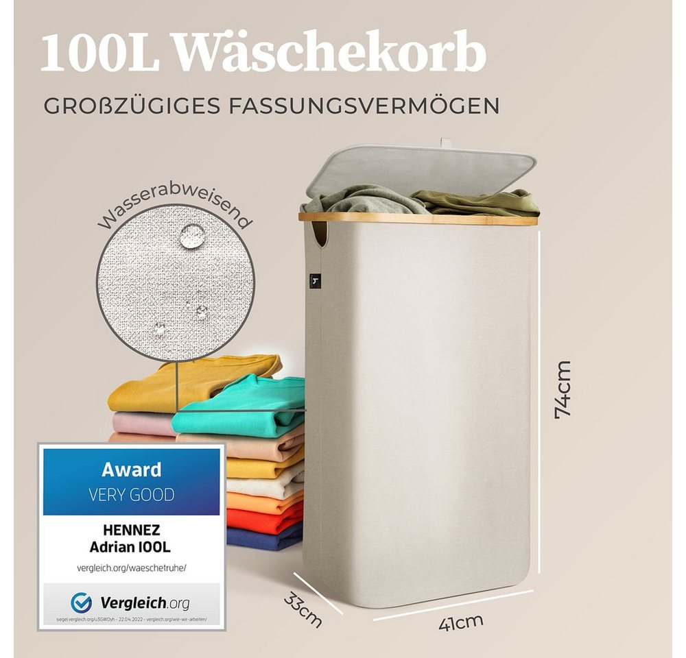HENNEZ Wäschekorb mit Griff aus Bambus, 100 l – Wäschekorb mit Deckel, Dunkelgrau – Bild 3 von 5