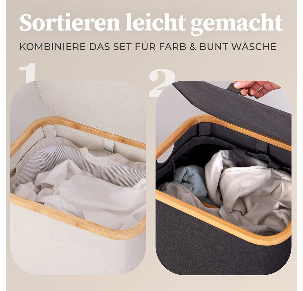 HENNEZ Wäschekorb mit Griff aus Bambus, 100 l – Wäschekorb mit Deckel, Dunkelgrau – Bild 4 von 5