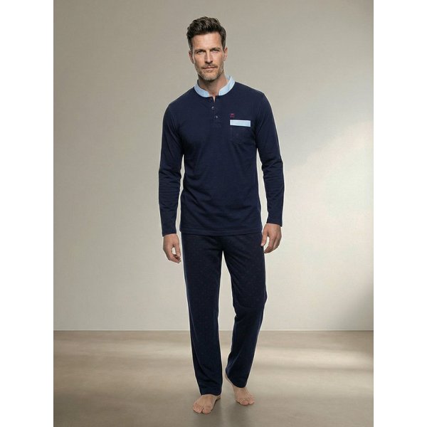 Henry Terre Pyjama Bruno Langarm- Stehkragen Shirt Uni gemusterte Hose Brusttasche