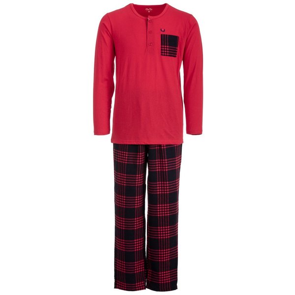 Henry Terre Pyjama Carlo Langarm - Hose & Brusttasche Karo Design Shirt Uni Knopfleiste