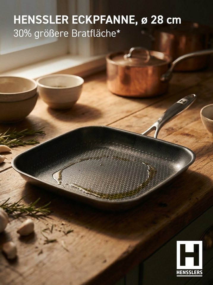 HENSSLERS Bratpfanne Premium, aus Edelstahl, Eckpfanne mit Wabenstruktur, 28 cm, Edelstahl 18/10 (1-tlg) – Bild 5 von 5