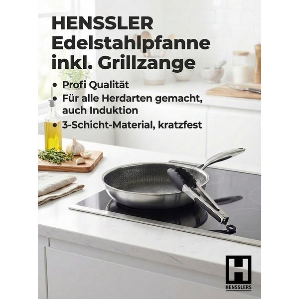 HENSSLERS Bratpfanne Premium, inklusive Grillzange, Edelstahl (Set, 2-tlg)