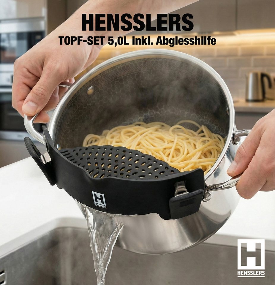 HENSSLERS Küchensieb Premium, Abgießhilfe, Edelstahl, (1-St), passend für alle runden Töpfe, Pfannen und Schüsseln – Bild 2 von 5