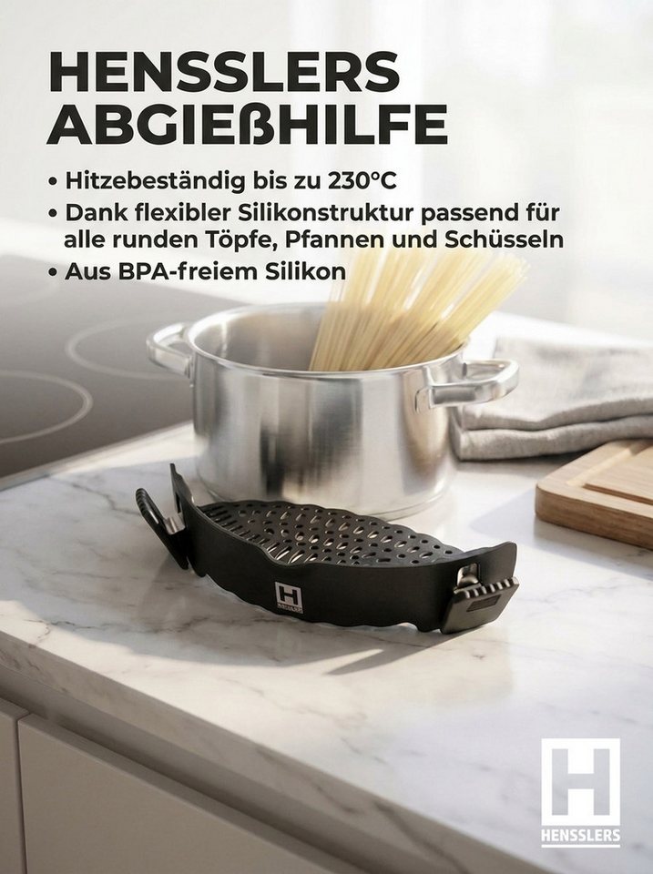 HENSSLERS Küchensieb Premium, Abgießhilfe, Edelstahl, (1-St), passend für alle runden Töpfe, Pfannen und Schüsseln – Bild 3 von 5