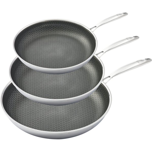 HENSSLERS Pfannen-Set, Edelstahl (Set, 3-tlg., 1x Bratpfanne Ø 20 cm, 1x Bratpfanne Ø 24 cm, 1x Bratpfanne Ø 28 cm), 3-Schicht Material, Wabenstruktur und Antih