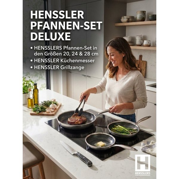 HENSSLERS Pfannen-Set Premium (20, 24 & 28 cm) Deluxe, 5tlg. Inkl. Grillzange & Küchenmesser, Edelstahl (Set, 5-tlg)