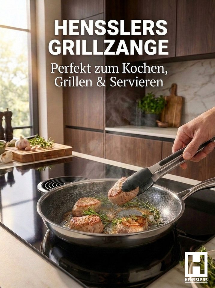 HENSSLERS Pfannen-Set Premium (20, 24 & 28 cm) Deluxe, 5tlg. Inkl. Grillzange & Küchenmesser, Edelstahl (Set, 5-tlg) – Bild 5 von 5