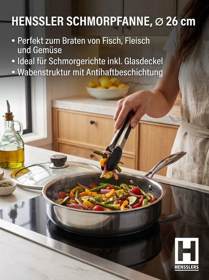 HENSSLERS Schmorpfanne, Edelstahl, 3-Schicht Material, Wabenstruktur und Antihaftbeschichtung, Induktion – Bild 2 von 5