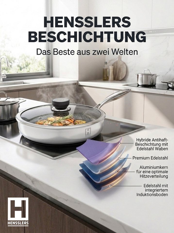 HENSSLERS Schmorpfanne, Edelstahl, 3-Schicht Material, Wabenstruktur und Antihaftbeschichtung, Induktion – Bild 3 von 5
