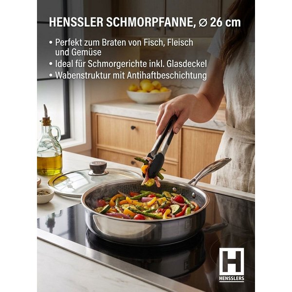 HENSSLERS Schmorpfanne Premium, Pfanne 26 cm, inklusive Grillzange, Edelstahl (Set, 3-tlg)