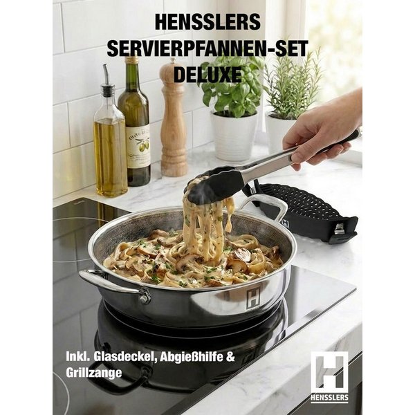HENSSLERS Servierpfanne Premium, Pfanne Glasdeckel, inkl. Abgießhilfe & Grillzange - 4tlg., Edelstahl 18/10 (Set, 4-tlg)