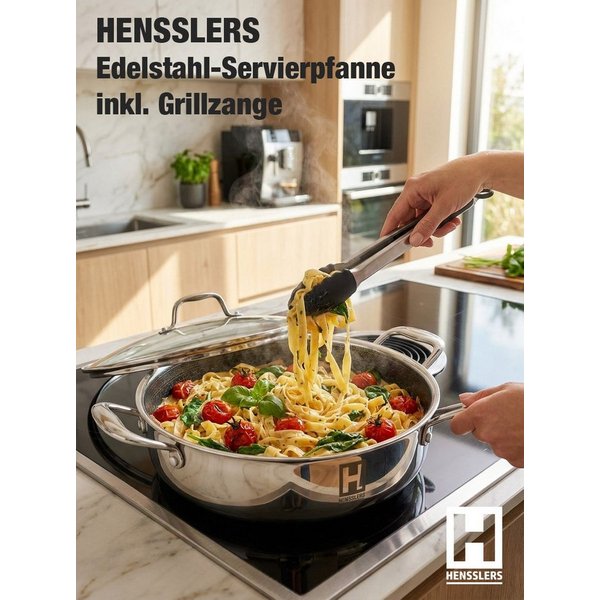 HENSSLERS Servierpfanne Premium, Pfanne 32 cm, inklusive Grillzange, Edelstahl (Set, 3-tlg)